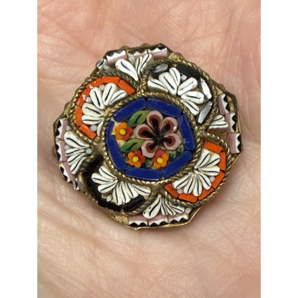 Vintage Italian Micro Mosaic Floral Brooch Round Millefiori Glass Pin Made Italy